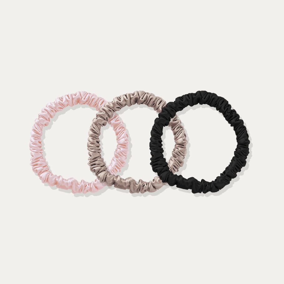 Skinny Silk Scrunchie Set - Barely Blush, Oyster, Black - SilkSleek