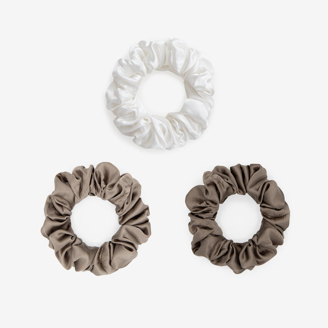 Large Silk Scrunchie Set - Pearl White, Oyster, Chocolate - SilkSleek