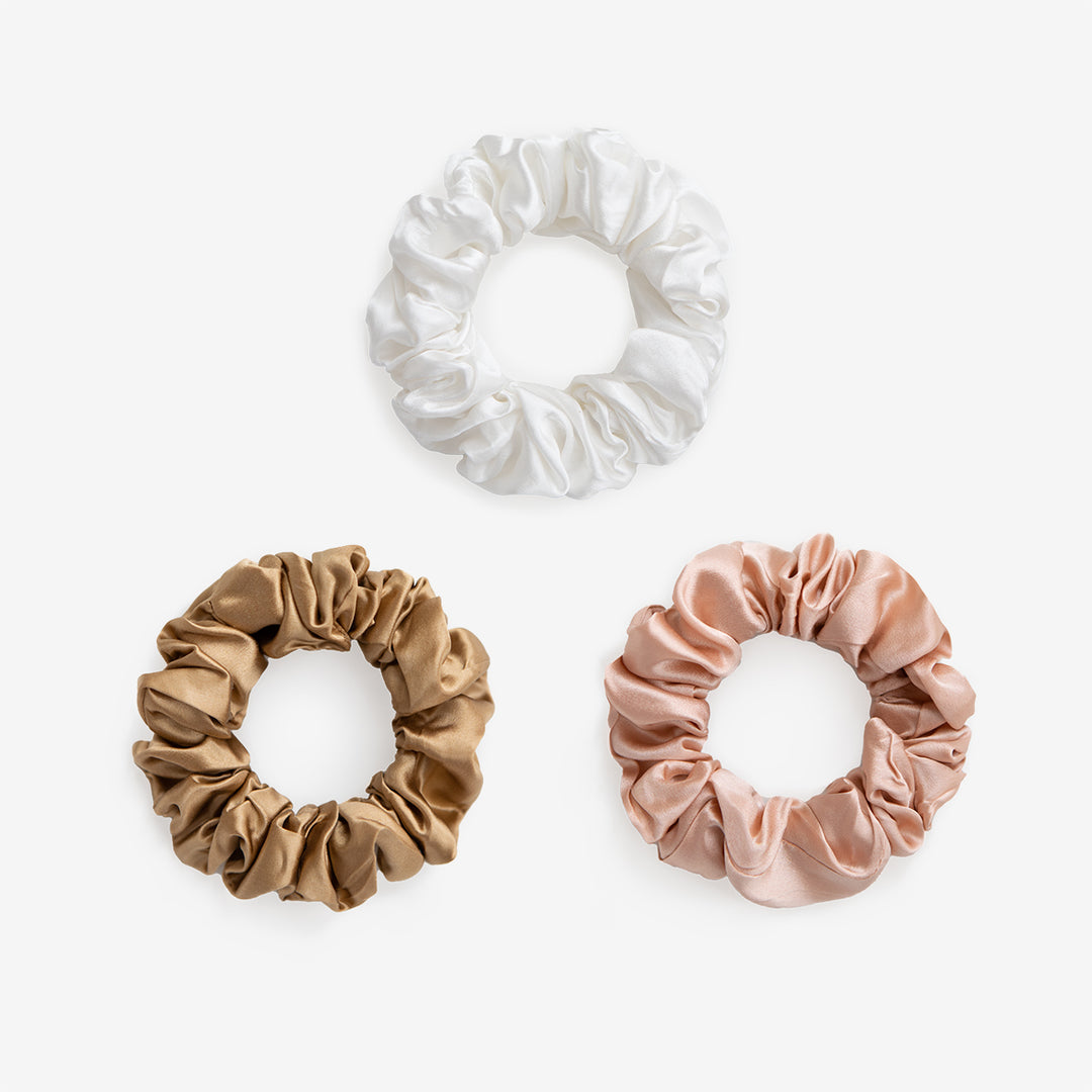 Large Silk Scrunchie Set - Pearl White, Gold, Rose Gold - SilkSleek