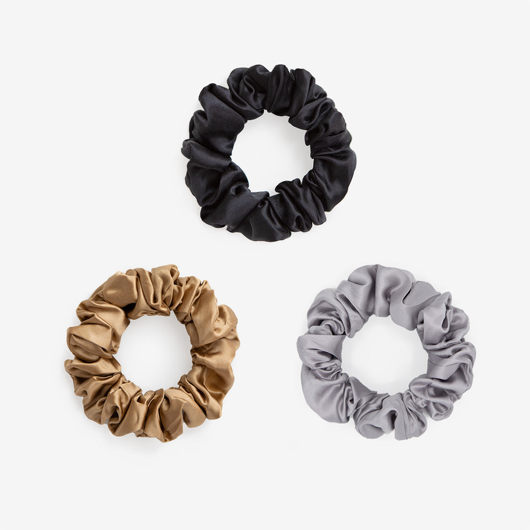 Large Silk Scrunchie Set - Black, Gold, Silver - SilkSleek